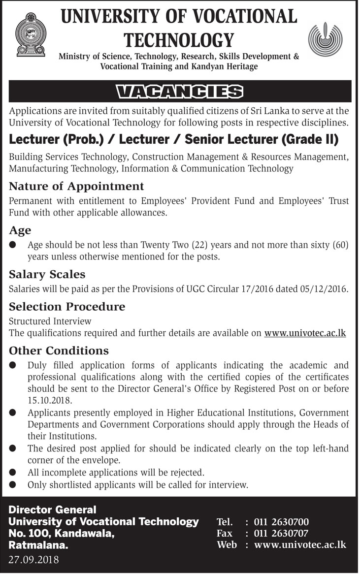 Lecturer, Senior Lecturer - University of Vocational Technology